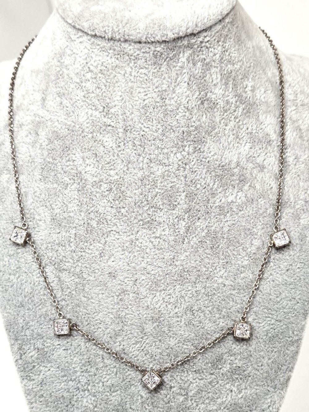 Silver Tone Station Necklace with 5 Princess Cut Crystal Gems